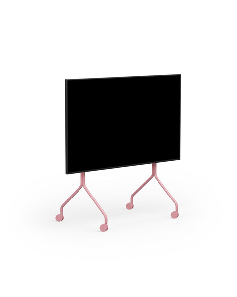 Pedestal Moon TV Stand in Bubble Gum, rolling TV stand on wheels holding a flat screen TV, on a plain white background