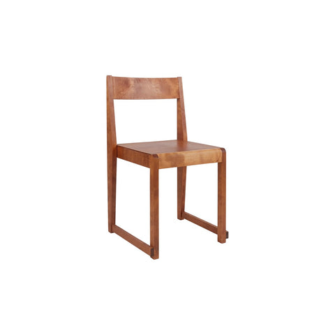Frama Chair 01 in Warm Brown Birch, reddish brown birch chair with square frame and flat seat, angled view on a white background