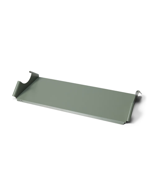 Pedestal Moon Tray Shelf in Mossy Green, powder-coated steel tray shelf, on a plain white background