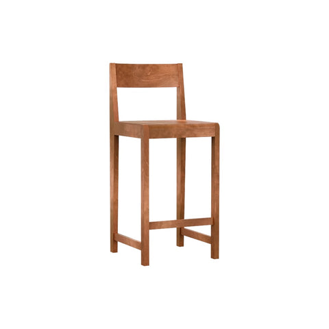 Frama Bar Chair 01 in Warm Brown Birch, reddish brown counter height chair with a cross braced footrest, angled view on white