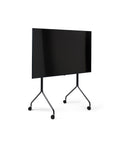 Pedestal Moon Tall TV Stand in Charcoal, tall rolling TV stand on wheels holding a flat screen TV, on a plain white background