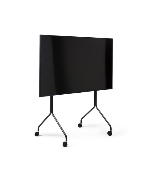 Pedestal Moon Tall TV Stand in Charcoal, tall rolling TV stand on wheels holding a flat screen TV, on a plain white background