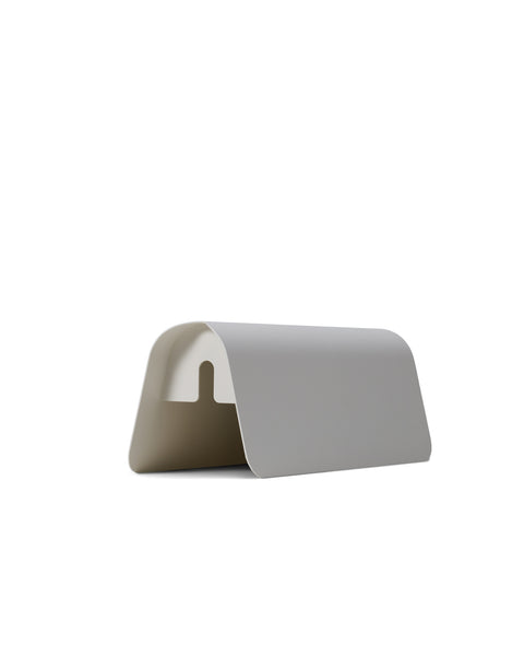 Pedestal Power Shell in Pearl, steel cover closed over a power beam, on a plain white background