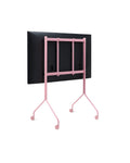 Pedestal Moon Tall TV Stand in Bubble Gum, tall rolling TV stand on wheels holding a flat screen TV, on a plain white background