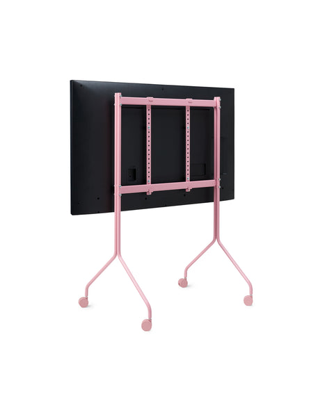 Pedestal Moon Tall TV Stand in Bubble Gum, tall rolling TV stand on wheels holding a flat screen TV, on a plain white background