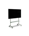 Pedestal Rover TV Stand in Mossy Green, TV stand on wheels with a structural shelf holding a flat screen TV, on a plain white background