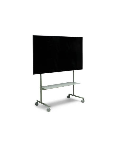 Pedestal Rover TV Stand in Mossy Green, TV stand on wheels with a structural shelf holding a flat screen TV, on a plain white background