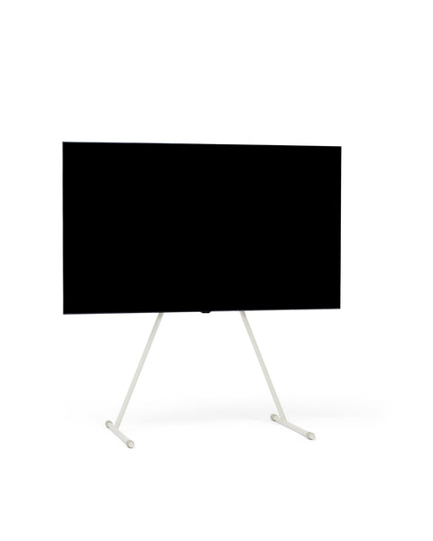Pedestal Viva TV Stand in Pearl, TV floor stand holding a flat screen TV, on a plain white background
