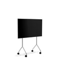 Pedestal Moon Light TV Stand in Chrome, compact TV floor stand holding a flat screen TV, on a plain white background