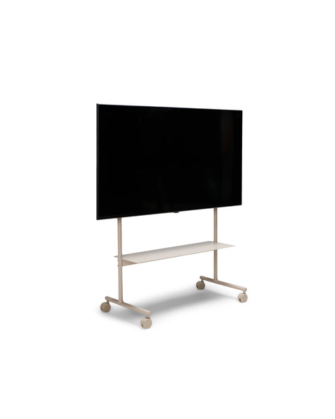 Pedestal Rover TV Stand in Oat, TV stand on wheels with a structural shelf holding a flat screen TV, on a plain white background