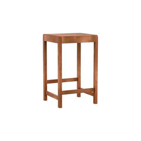 Frama Stool 01 in Warm Brown Birch, shorter counter height stool in reddish brown birch with square legs, angled view on white