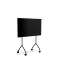 Pedestal Moon Light TV Stand in Charcoal, compact TV floor stand holding a flat screen TV, on a plain white background