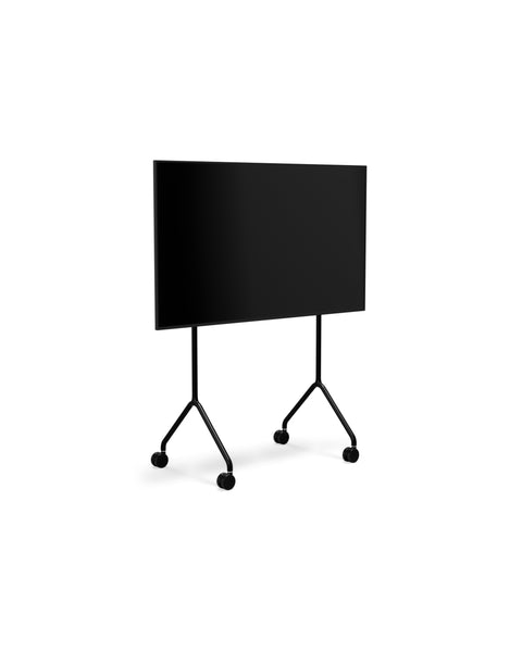 Pedestal Moon Light TV Stand in Charcoal, compact TV floor stand holding a flat screen TV, on a plain white background