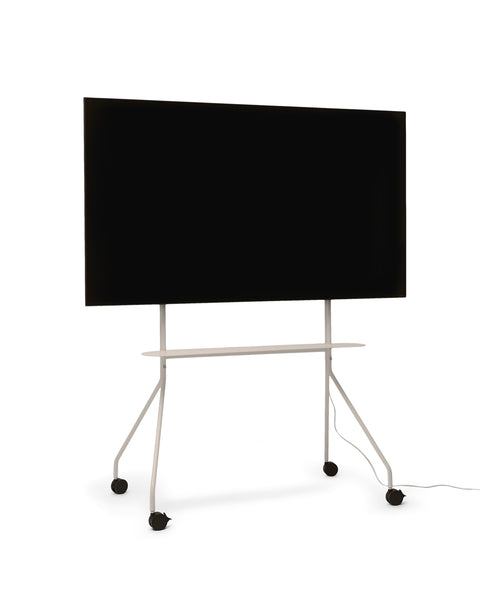 Pedestal Moon PRO TV Stand in Oat, mobile rolling TV stand with shelf holding a flat screen TV, on a plain white background