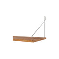 Frama Single Shelf, Natural Oak in Stainless Steel, shelf end cropped close, steel wire bracket hooked over the thick oak board