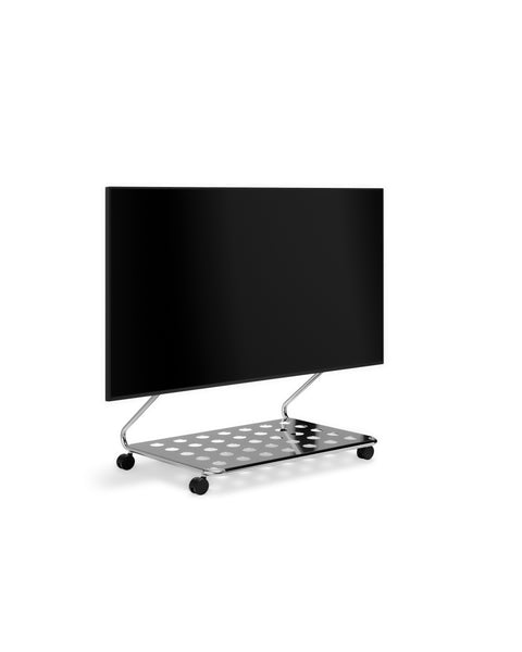 Pedestal Disco TV Stand in Chrome, minimalist low TV stand with an integrated shelf holding a flat screen TV, on a plain white background