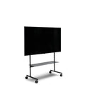 Pedestal Rover TV Stand in Charcoal, TV stand on wheels with a structural shelf holding a flat screen TV, on a plain white background