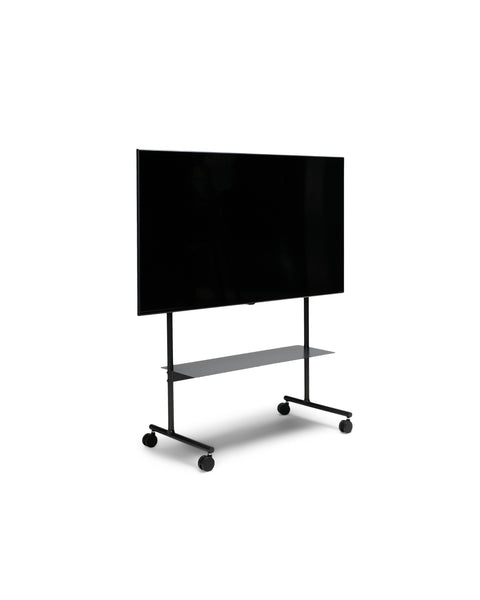 Pedestal Rover TV Stand in Charcoal, TV stand on wheels with a structural shelf holding a flat screen TV, on a plain white background
