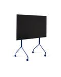 Pedestal Moon Tall TV Stand in Ultra Marine, tall rolling TV stand on wheels holding a flat screen TV, on a plain white background