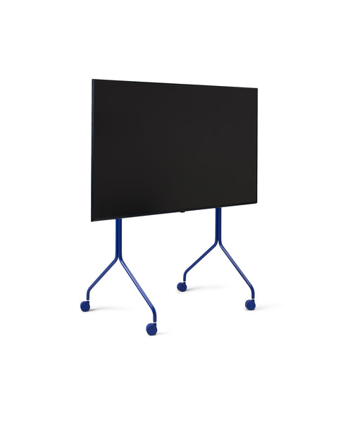 Pedestal Moon Tall TV Stand in Ultra Marine, tall rolling TV stand on wheels holding a flat screen TV, on a plain white background