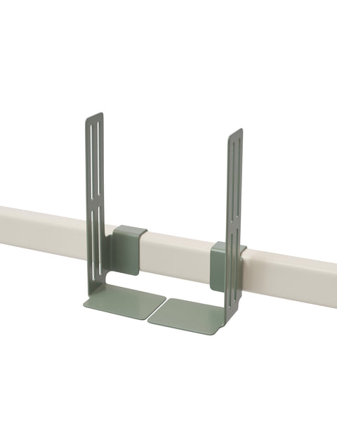 Pedestal Box Mount in Mossy Green, adjustable mounting brackets on a stand tube, on a plain white background