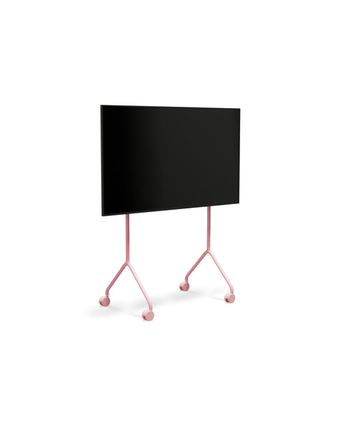 Pedestal Moon Light TV Stand in Bubble Gum, compact TV floor stand holding a flat screen TV, on a plain white background