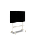 Pedestal Rover TV Stand in Pearl, TV stand on wheels with a structural shelf holding a flat screen TV, on a plain white background