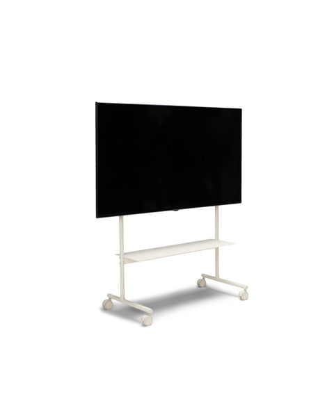 Pedestal Rover TV Stand in Pearl, TV stand on wheels with a structural shelf holding a flat screen TV, on a plain white background