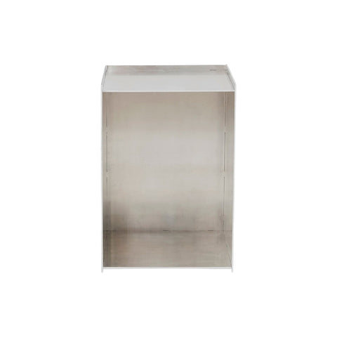 Frama Rivet Box Table in Aluminum, boxy metal side table with flat panel sides and a plain top, small in frame on white