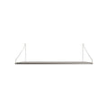 Frama Single Shelf, Stainless Steel, wide deep shelf in brushed steel with slim wire brackets at each end, on white