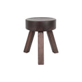 Frama AML Stool in Dark Pine, thick round seat on three angled square legs, front view with a soft shadow on white