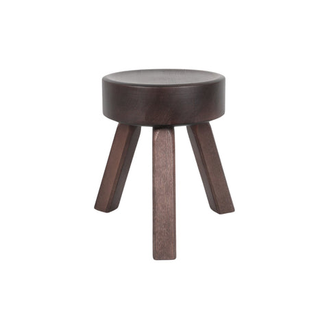 Frama AML Stool in Dark Pine, thick round seat on three angled square legs, front view with a soft shadow on white