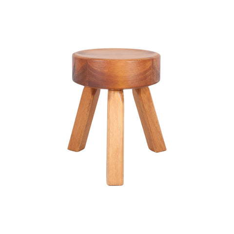 Frama AML Stool in Pine, honey toned wooden stool with a chunky round seat and three splayed legs on a pale ground