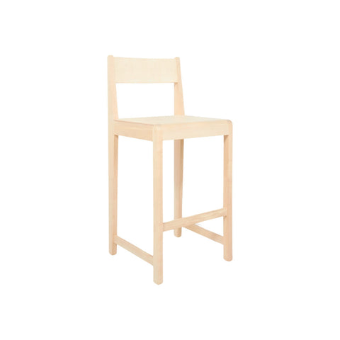 Frama Bar Chair 01 in Natural Birch, shorter counter height chair in pale birch, three quarter view on a light background