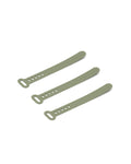 Pedestal Cable Tie in Mossy Green, three silicone cable ties laid side by side, on a plain white background