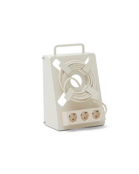 Pedestal Cable Stand in Pearl, steel stand holding a power bar upright, on a plain white background