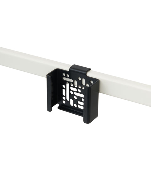 Pedestal Apple TV 4K Mount in Charcoal, perforated steel Apple TV bracket on a stand tube, on a plain white background