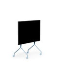Pedestal Moon TV Stand in Powder Blue, rolling TV stand on wheels holding a flat screen TV, on a plain white background