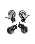 Pedestal Blade Wheels in Black, set of four skate-style wheels, two with brakes, on a plain white background
