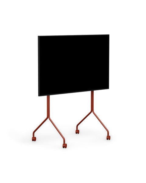Pedestal Moon Tall TV Stand in Burnin' Red, tall rolling TV stand on wheels holding a flat screen TV, on a plain white background