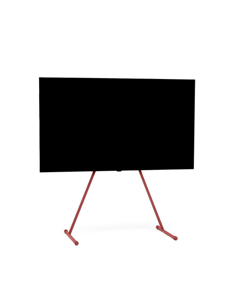 Pedestal Viva TV Stand in Burnin' Red, TV floor stand holding a flat screen TV, on a plain white background