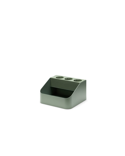 Pedestal Power Bar Tray in Mossy Green, steel cable tray holding a power bar, on a plain white background