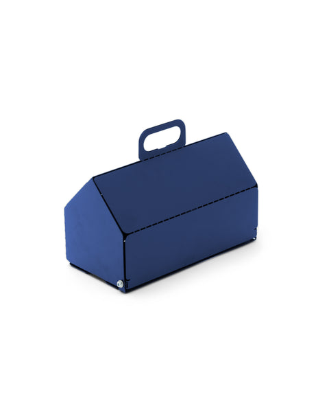Pedestal Cable House in Ultra Marine, steel cable management box with a carrying handle, on a plain white background