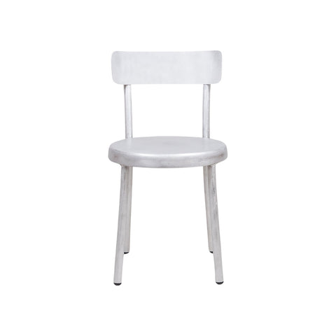 Frama Tasca Chair in Aluminum, brushed aluminum chair with a round seat and curved back, straight on view against white