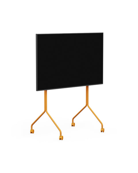 Pedestal Moon Tall TV Stand in Apricot, tall rolling TV stand on wheels holding a flat screen TV, on a plain white background