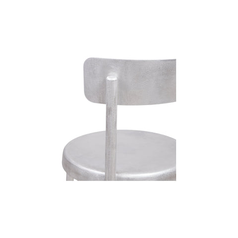 Frama Tasca Chair in Aluminum, close crop of the brushed seat and the post that carries the backrest, on white