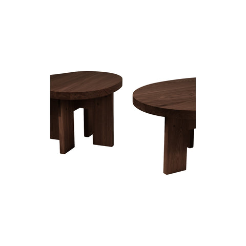 Frama Farmhouse Side Table in Dark Oak, two dark oak tables close in frame showing the round top edge and the plank legs