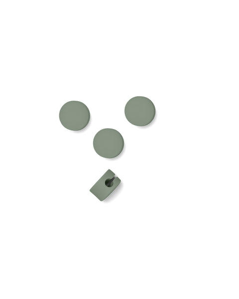 Pedestal Cable Dots in Mossy Green, silicone cable dots with a mounting clip, on a plain white background