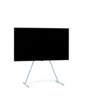 Pedestal Viva TV Stand in Powder Blue, TV floor stand holding a flat screen TV, on a plain white background