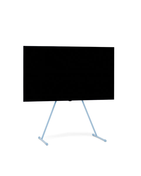 Pedestal Viva TV Stand in Powder Blue, TV floor stand holding a flat screen TV, on a plain white background